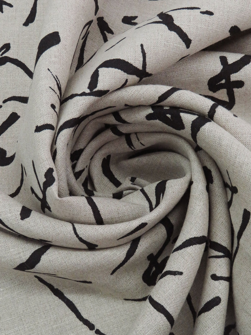 Pale Oak/Black 100% Linen Abstract Script-Like Print Mid-Weight Woven 58W