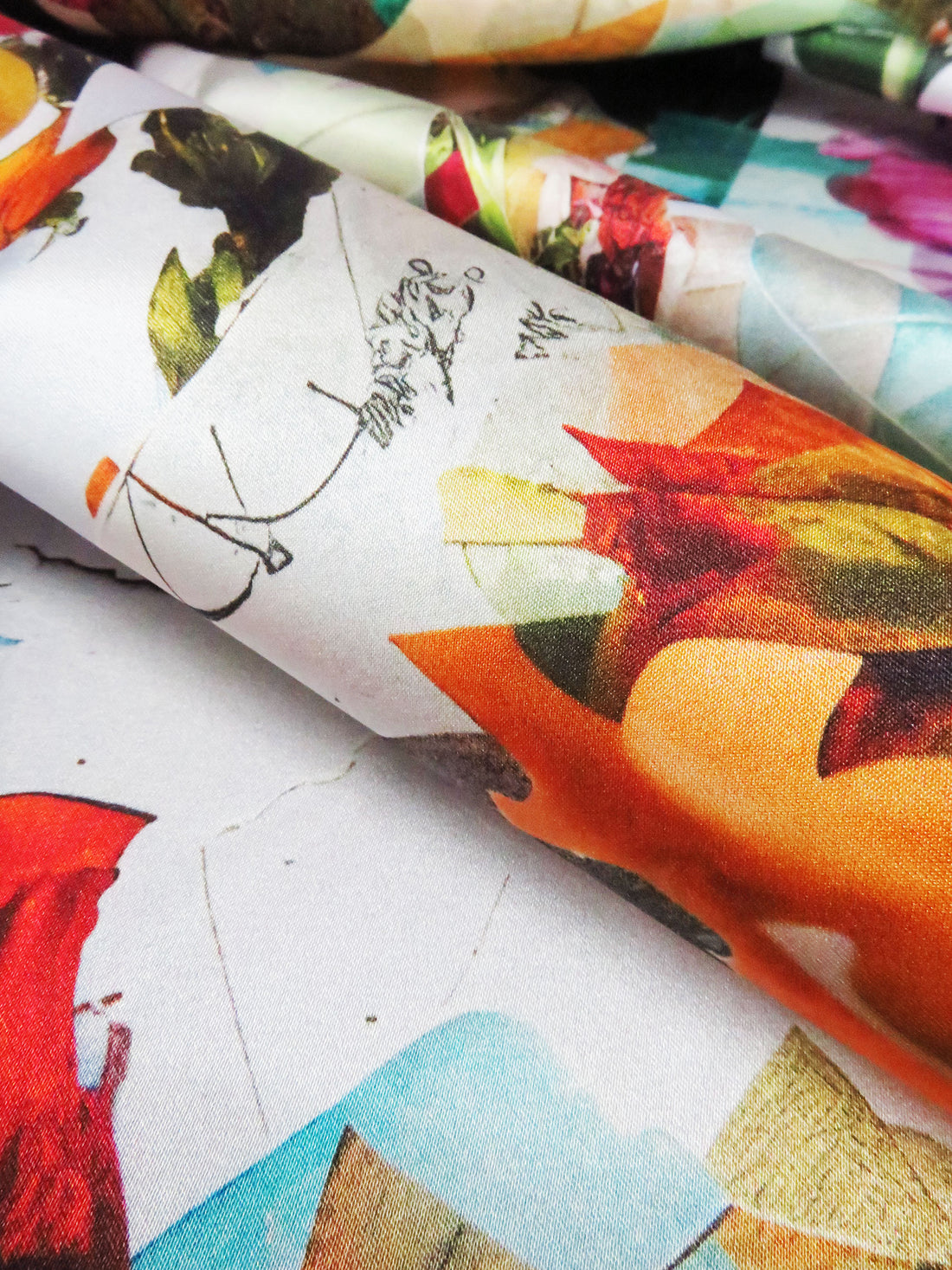 Platinum/Emerald Green/Fiery Orange/Multi Polyester/Lycra Fractured Floral Print Stretch Charmeuse 52W
