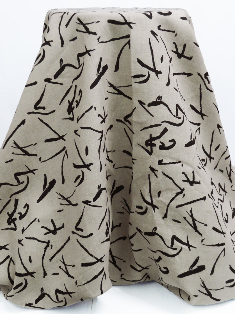 Pale Oak/Black 100% Linen Abstract Script-Like Print Mid-Weight Woven 58W