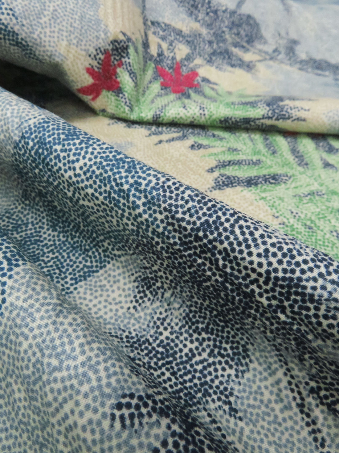 Pale Slate Blue/Spring Green/Soft Beige/Multi 100% Cotton Stippled Tropical Scene Print Lawn - Tori Richard - 42W
