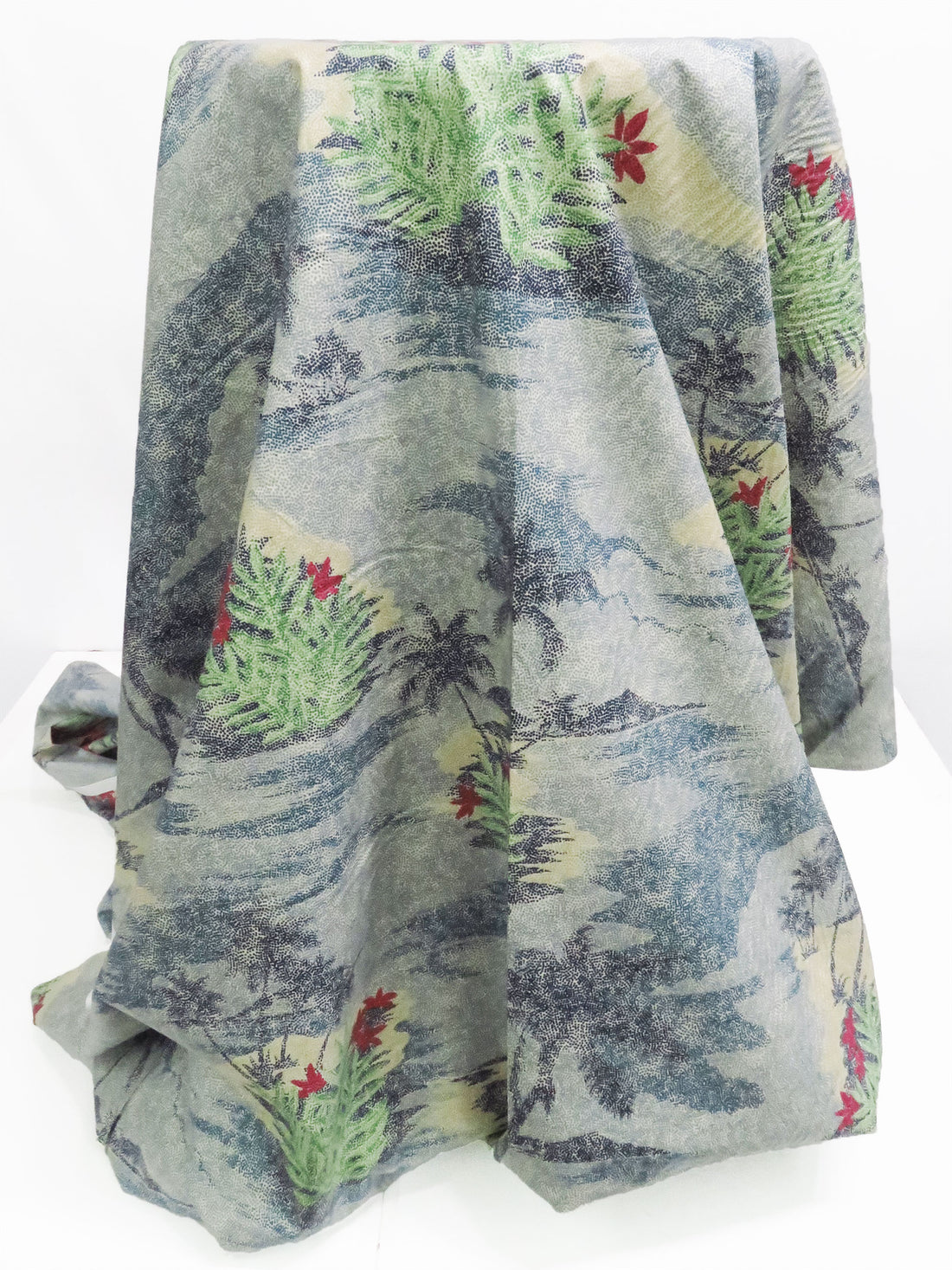 Pale Slate Blue/Spring Green/Soft Beige/Multi 100% Cotton Stippled Tropical Scene Print Lawn - Tori Richard - 42W