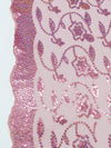 Deep Rose Pink/Taffy Pink/Cherry Pink 100% Polyester Double Scalloped Border Embroidered Sequin Floral Design On Netting 51W