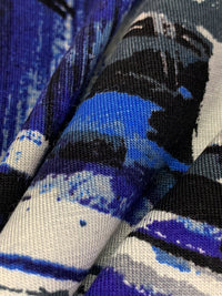 Black/Royal Blue/White/Steel Gray Rayon/Lycra Painterly Abstract Lines Print Jersey Knit - NY Designer - 56W