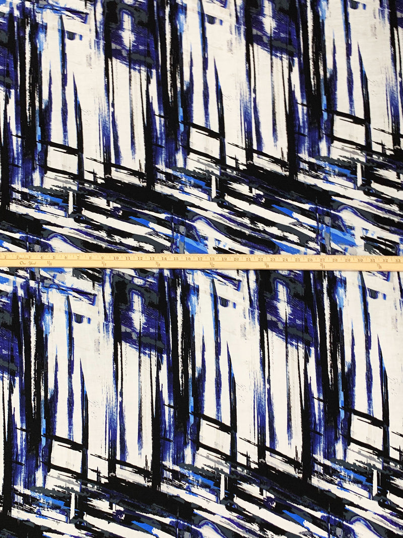 Black/Royal Blue/White/Steel Gray Rayon/Lycra Painterly Abstract Lines Print Jersey Knit - NY Designer - 56W