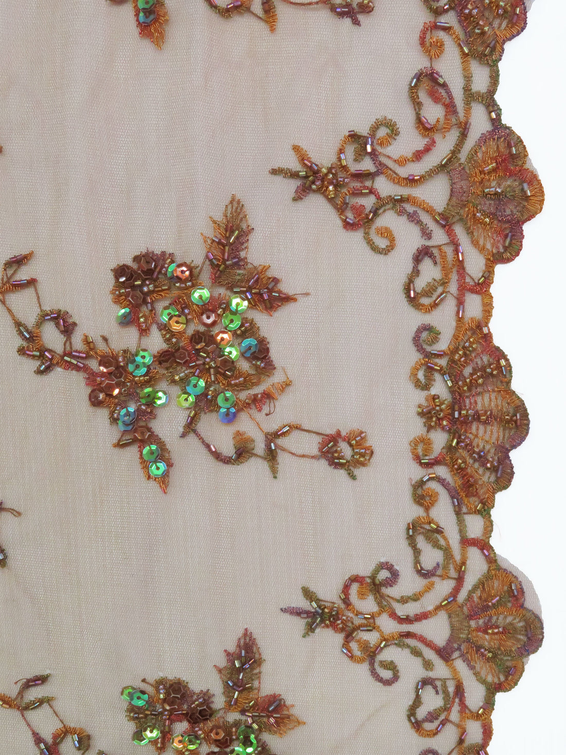 Russet Brown/Multi 100% Polyester Scalloped Double Border Embroidered Floral With Iridescent Sequins On Netting 47W