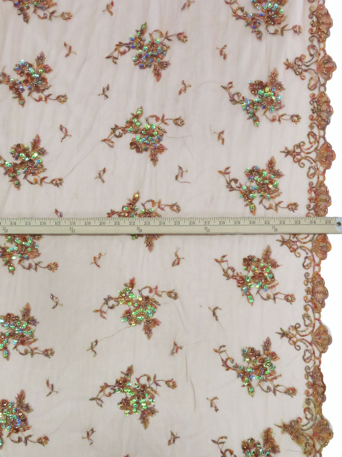 Russet Brown/Multi 100% Polyester Scalloped Double Border Embroidered Floral With Iridescent Sequins On Netting 47W