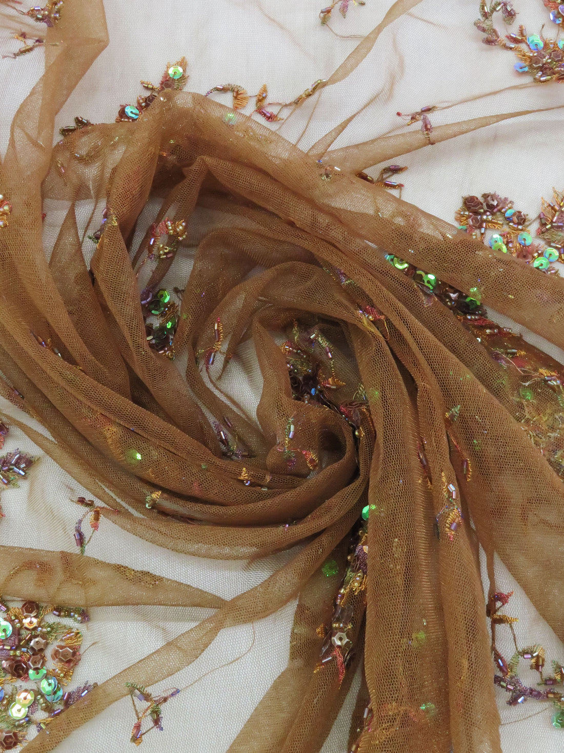 Russet Brown/Multi 100% Polyester Scalloped Double Border Embroidered Floral With Iridescent Sequins On Netting 47W