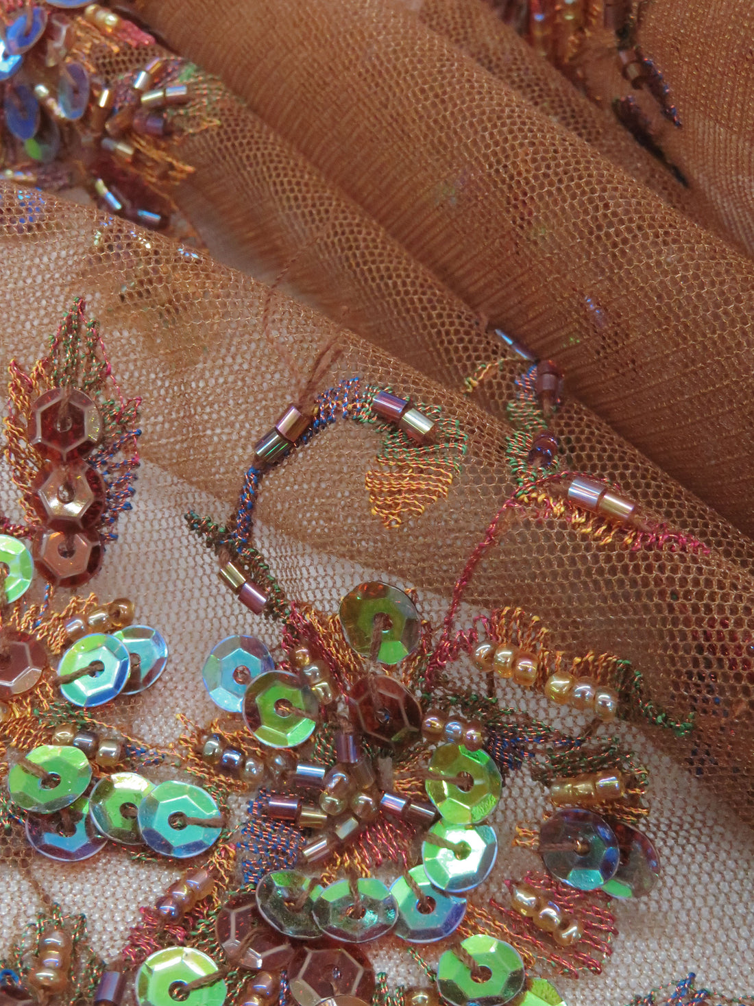 Russet Brown/Multi 100% Polyester Scalloped Double Border Embroidered Floral With Iridescent Sequins On Netting 47W