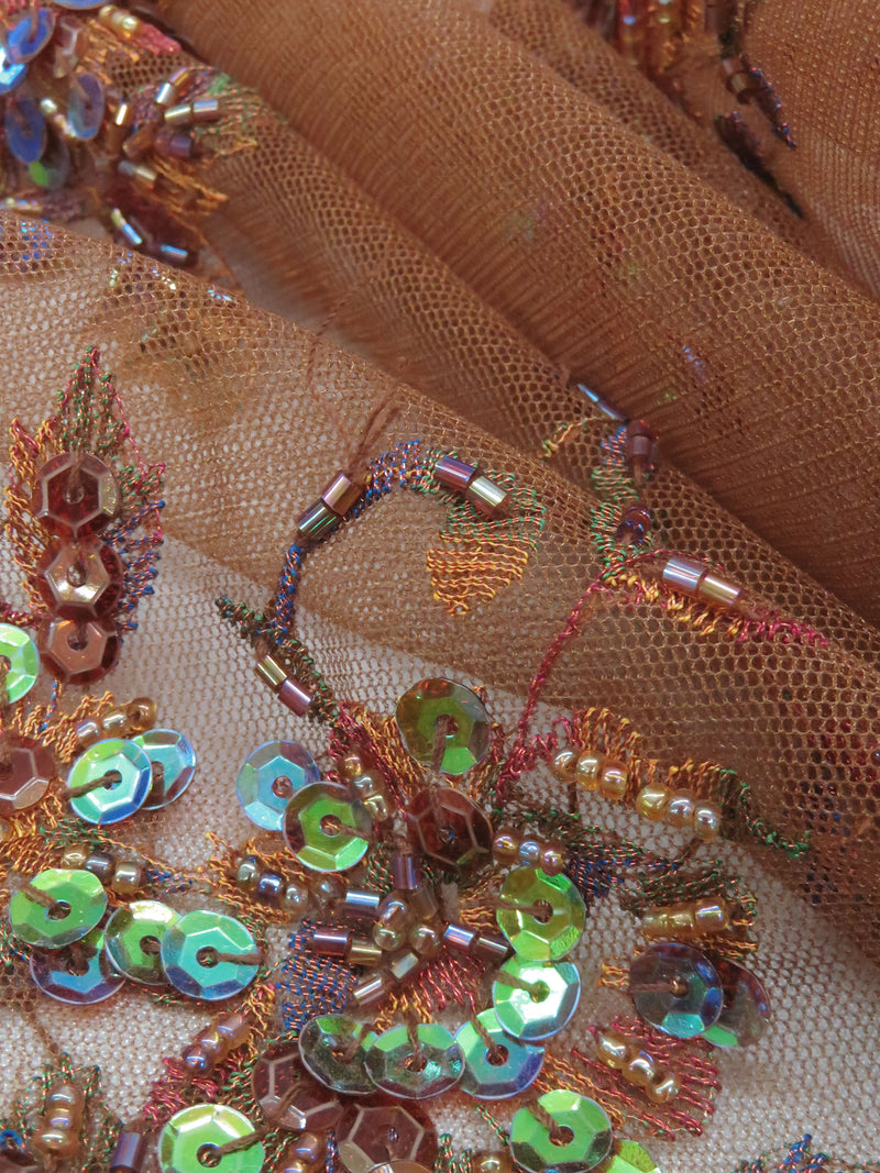 Russet Brown/Multi 100% Polyester Scalloped Double Border Embroidered Floral With Iridescent Sequins On Netting 47W