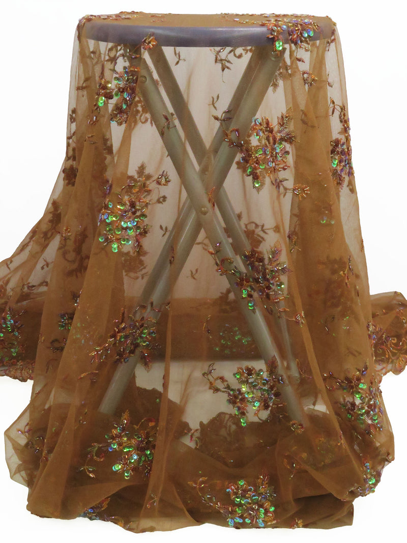 Russet Brown/Multi 100% Polyester Scalloped Double Border Embroidered Floral With Iridescent Sequins On Netting 47W