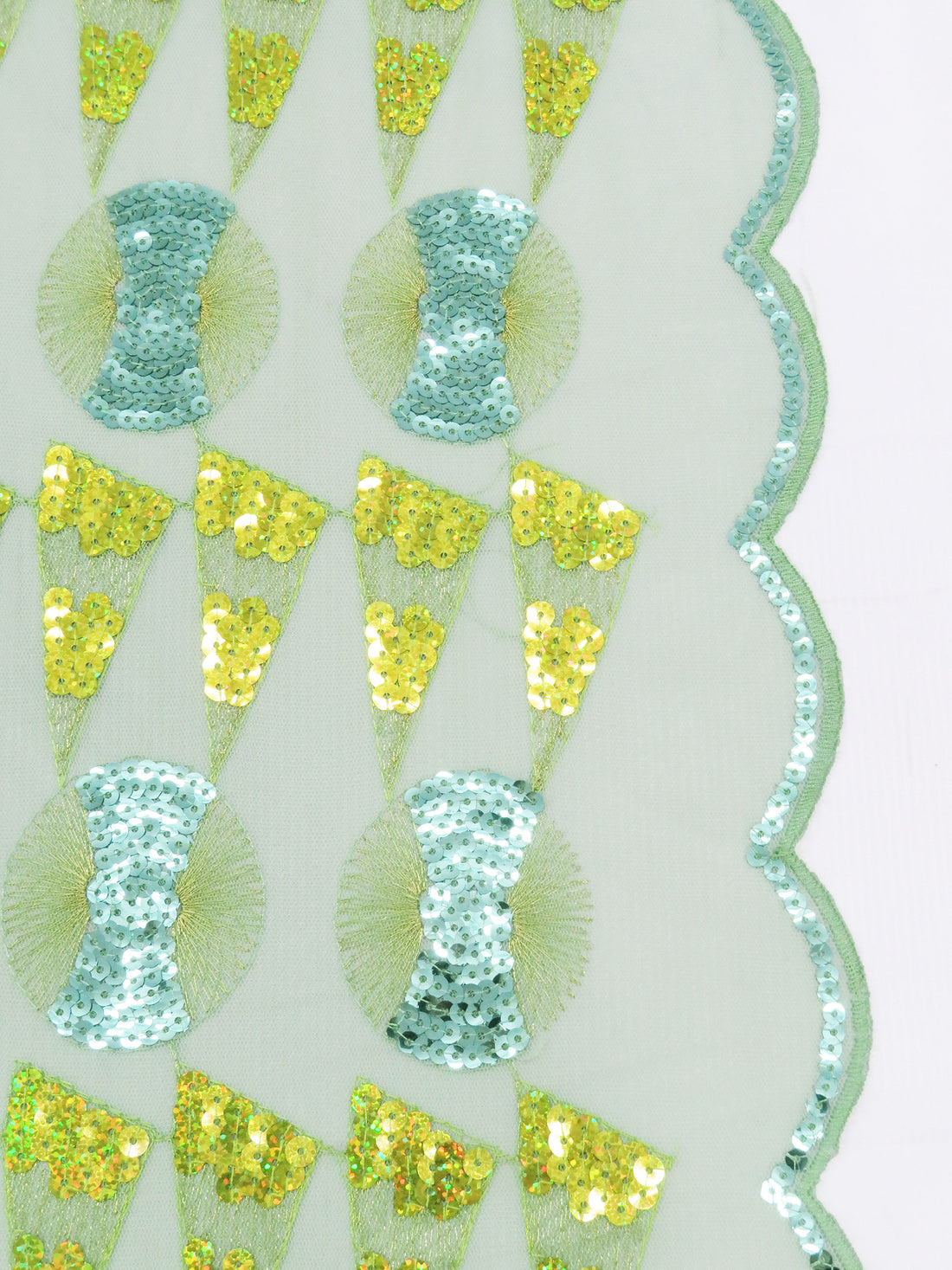 Spearmint/Sour Lime/Light Turquoise/Multi 100% Polyester Double Scalloped Border Embroidered Geometric Sequin Design On Netting 51W