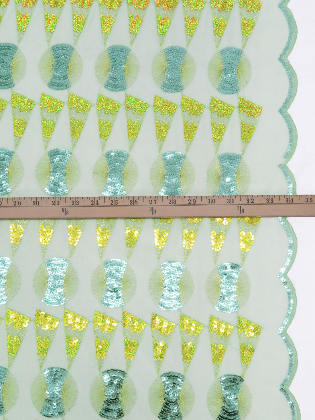 Spearmint/Sour Lime/Light Turquoise/Multi 100% Polyester Double Scalloped Border Embroidered Geometric Sequin Design On Netting 51W