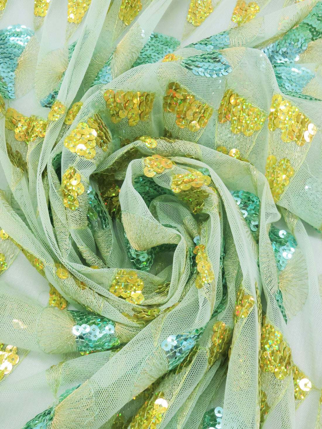Spearmint/Sour Lime/Light Turquoise/Multi 100% Polyester Double Scalloped Border Embroidered Geometric Sequin Design On Netting 51W