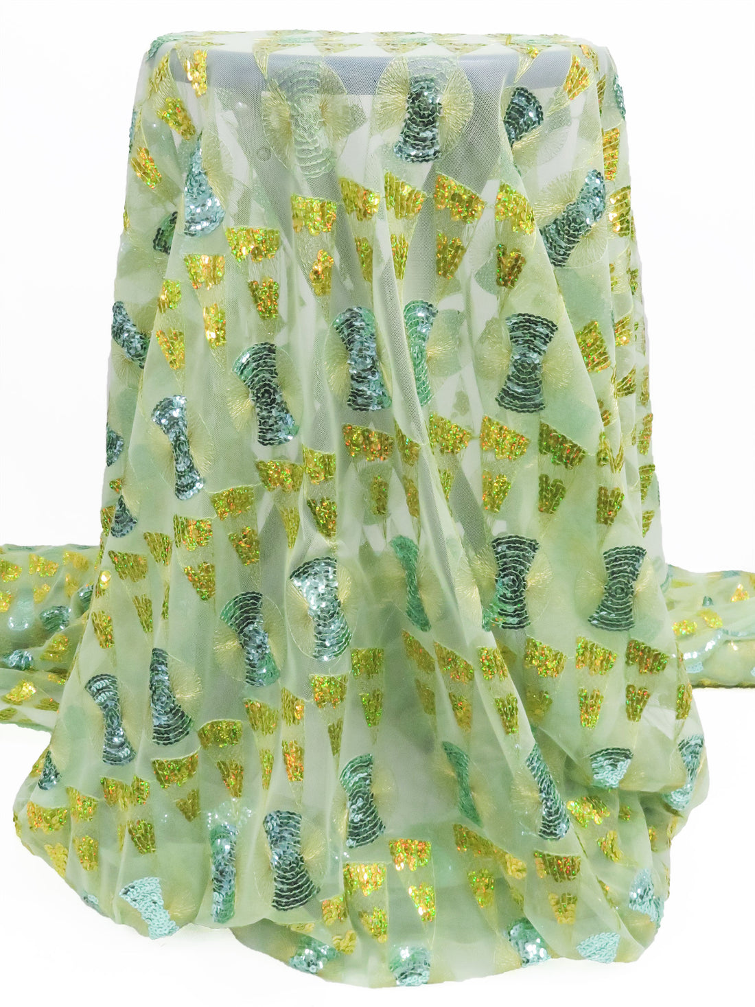 Spearmint/Sour Lime/Light Turquoise/Multi 100% Polyester Double Scalloped Border Embroidered Geometric Sequin Design On Netting 51W