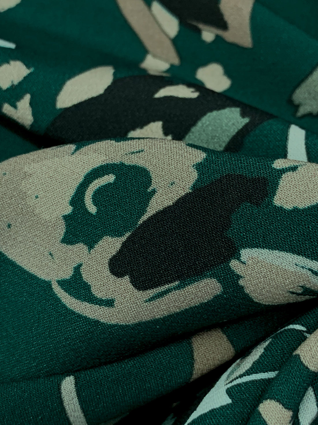 Deep Jungle Green/Black/Taupe/Multi 100% Rayon Abstract Floral Print Double Weave Crepe - NY Designer - 56W