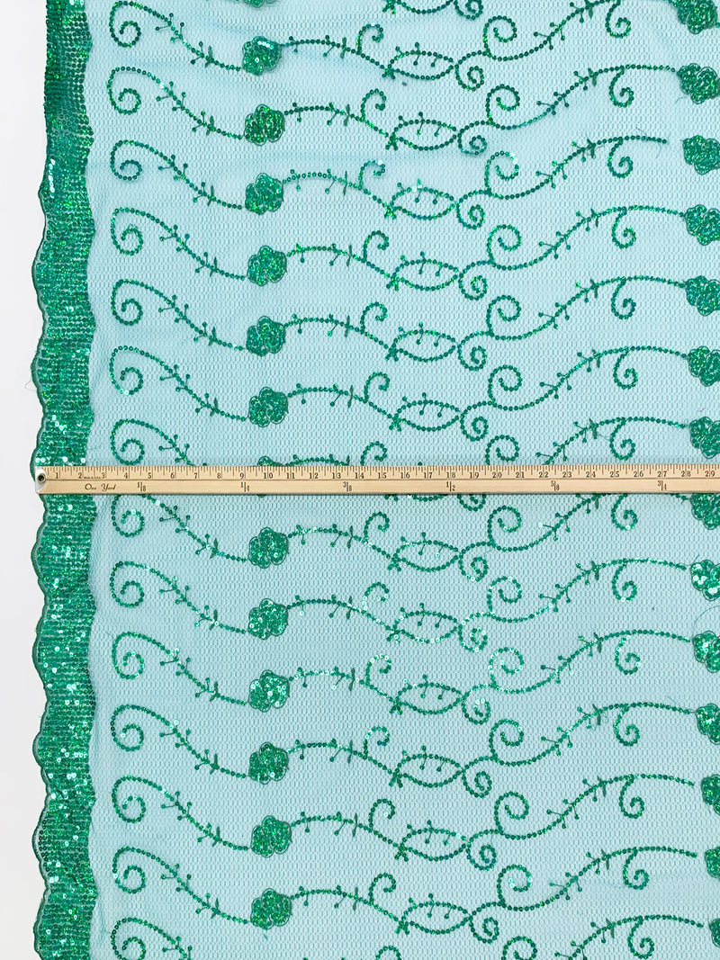 Cool Pine Green/Sea Green/Multi 100% Nylon Scalloped Double Border Embroidered Horizontal Sequin Scrolls Netting 51W