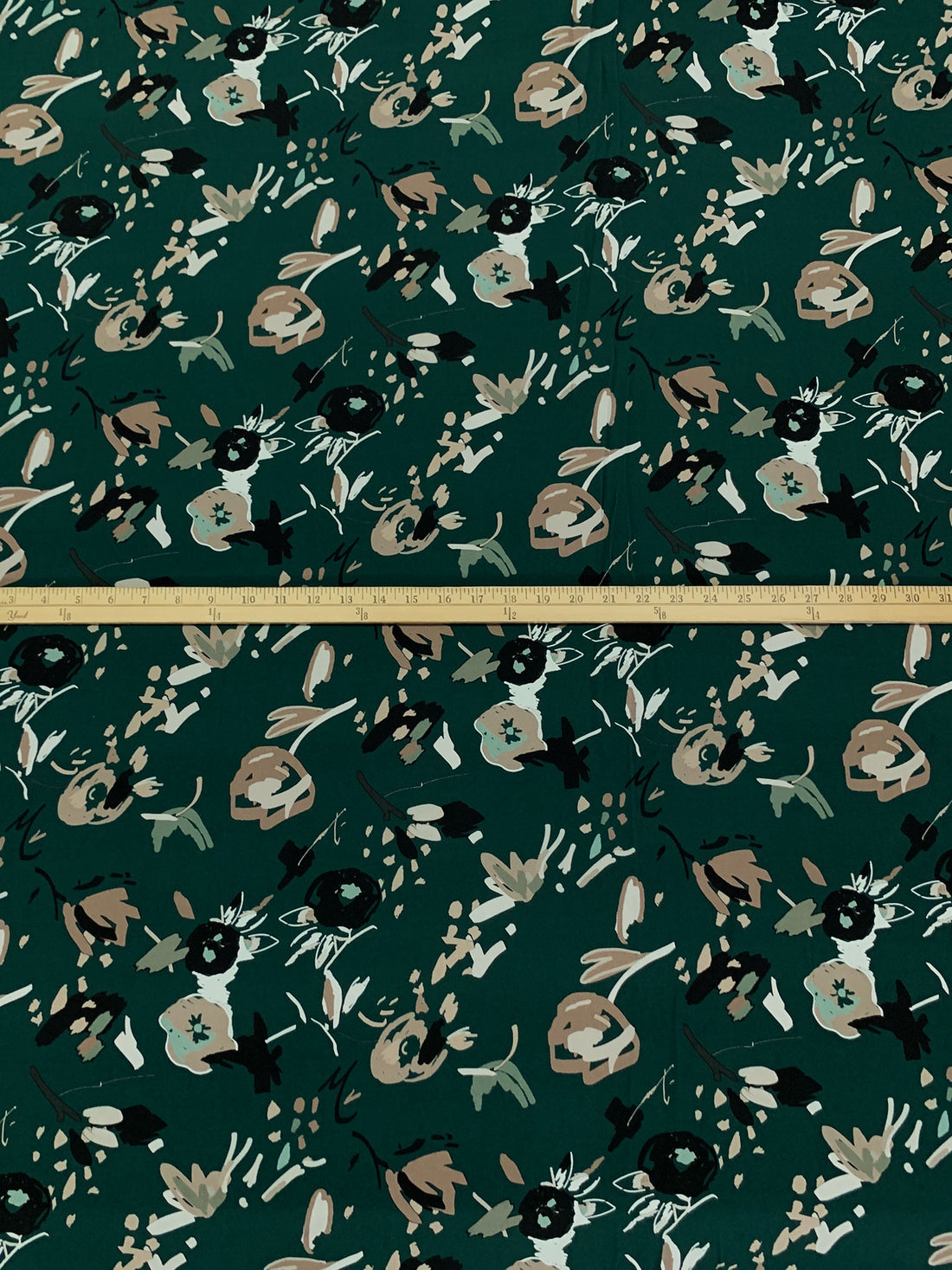Deep Jungle Green/Black/Taupe/Multi 100% Rayon Abstract Floral Print Double Weave Crepe - NY Designer - 56W