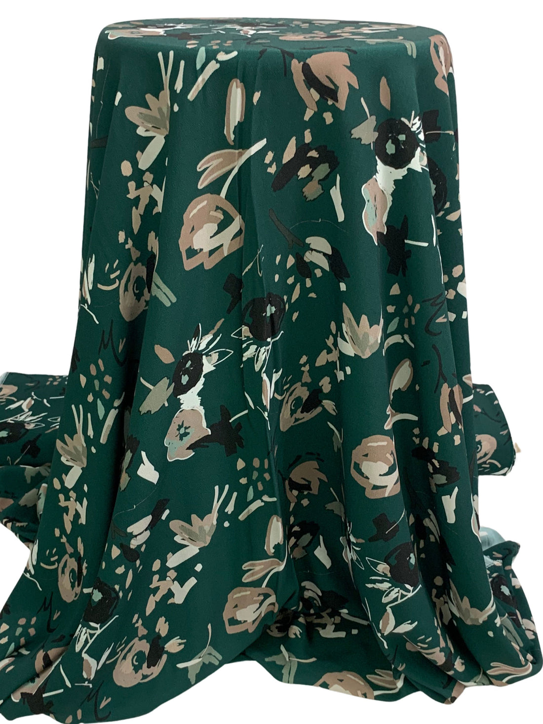 Deep Jungle Green/Black/Taupe/Multi 100% Rayon Abstract Floral Print Double Weave Crepe - NY Designer - 56W