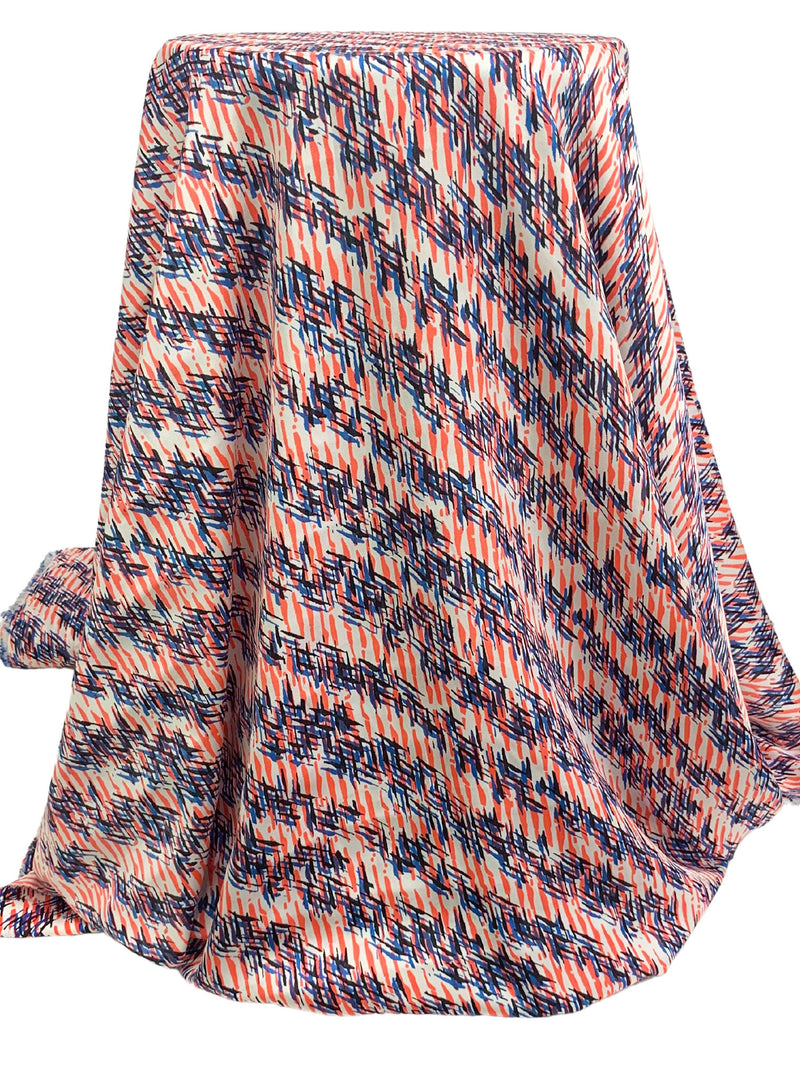 Pearly White/Electric Orange/Cobalt Blue/Black 100% Polyester Abstract Crosshatch Print Twill Blouse Weight Woven 58W