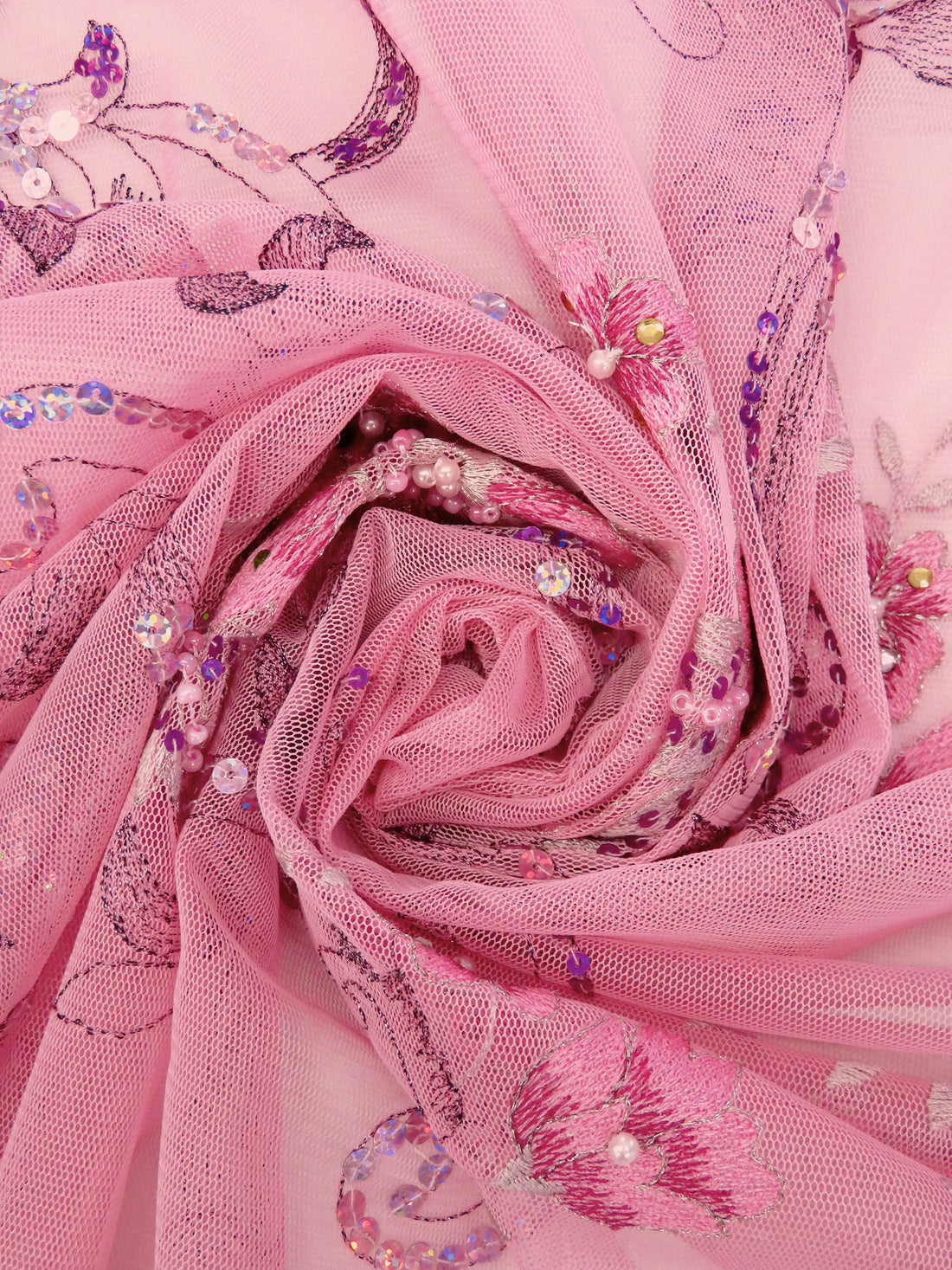 Shimmering Blush/Dusty Rose/Neon Purple/Multi 100% Nylon Scalloped Double Border Embroidered Floral & Bead Netting 52W