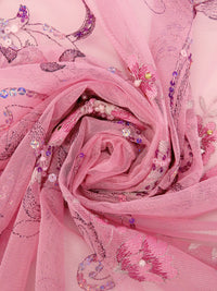 Shimmering Blush/Dusty Rose/Neon Purple/Multi 100% Nylon Scalloped Double Border Embroidered Floral & Bead Netting 52W