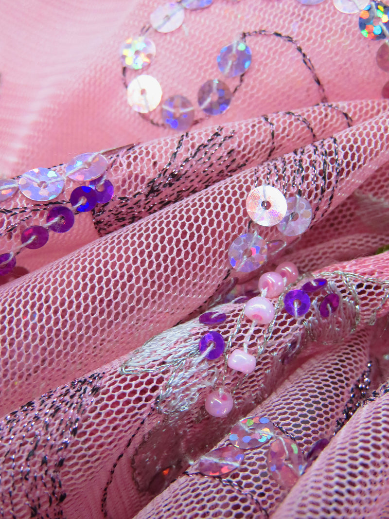 Shimmering Blush/Dusty Rose/Neon Purple/Multi 100% Nylon Scalloped Double Border Embroidered Floral & Bead Netting 52W