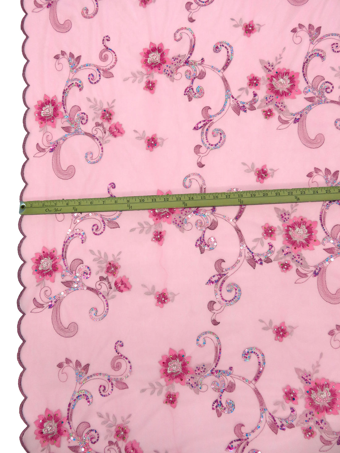 Shimmering Blush/Dusty Rose/Neon Purple/Multi 100% Nylon Scalloped Double Border Embroidered Floral & Bead Netting 52W