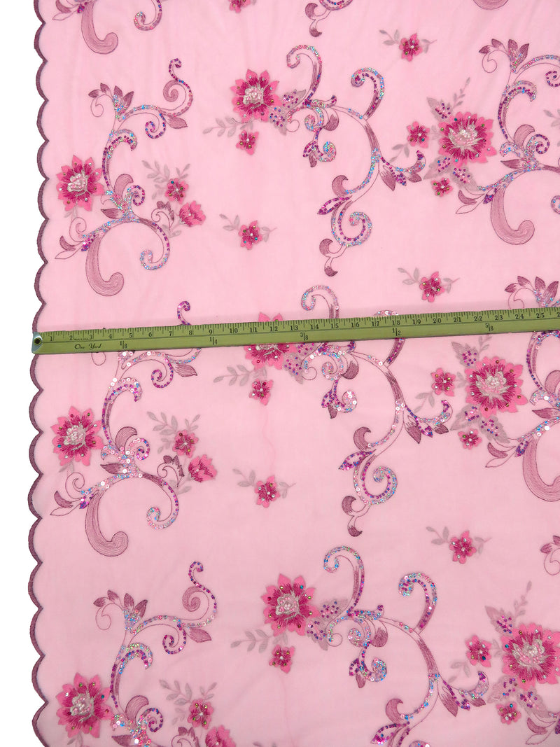 Shimmering Blush/Dusty Rose/Neon Purple/Multi 100% Nylon Scalloped Double Border Embroidered Floral & Bead Netting 52W