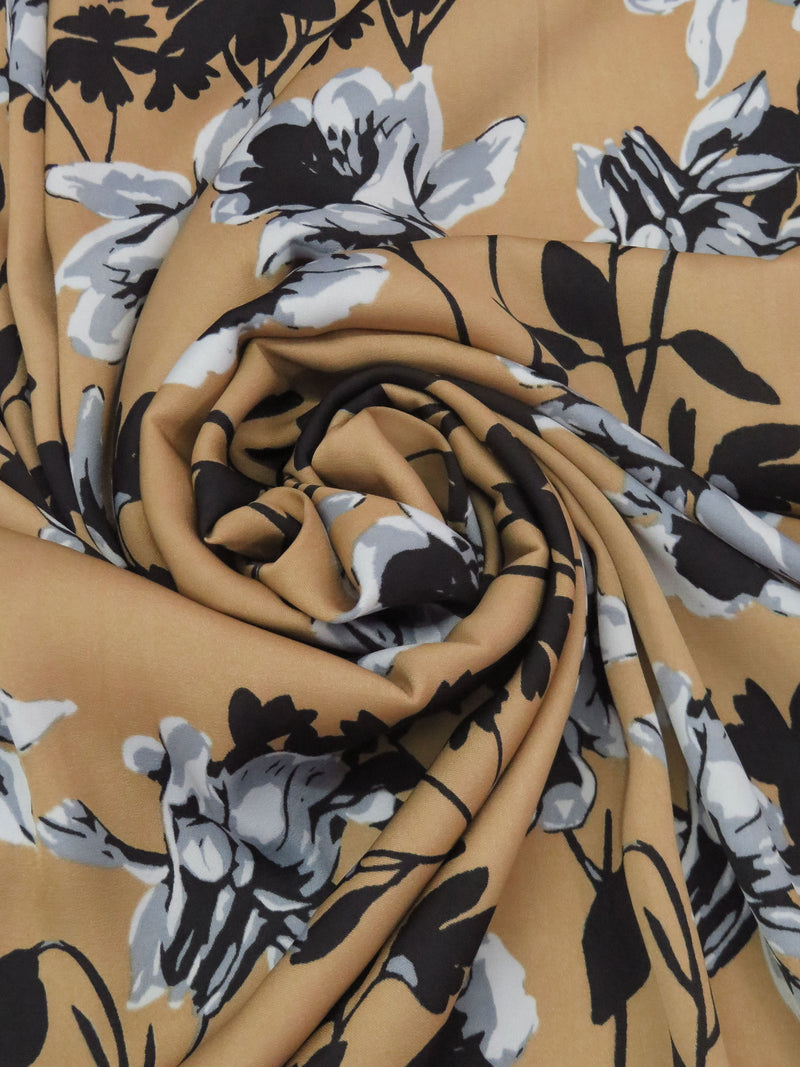 Toffee/Black/Cool Gray/White 100% Polyester Modern Floral Print Washed Charmeuse - NY Designer - 58W