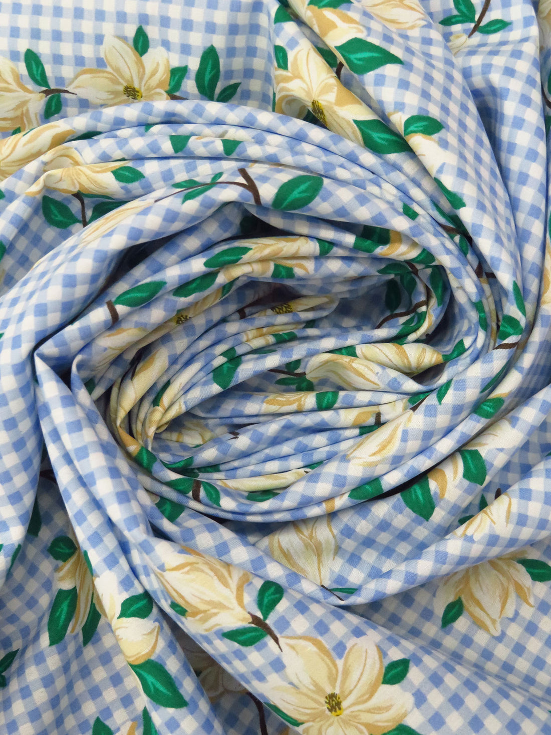 Cornflower Blue/Cream/Castleton Green/Multi 100% Cotton Floral On Gingham-Like Print Lawn - NY Designer - 55W