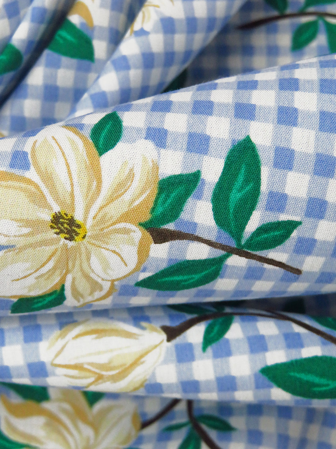 Cornflower Blue/Cream/Castleton Green/Multi 100% Cotton Floral On Gingham-Like Print Lawn - NY Designer - 55W