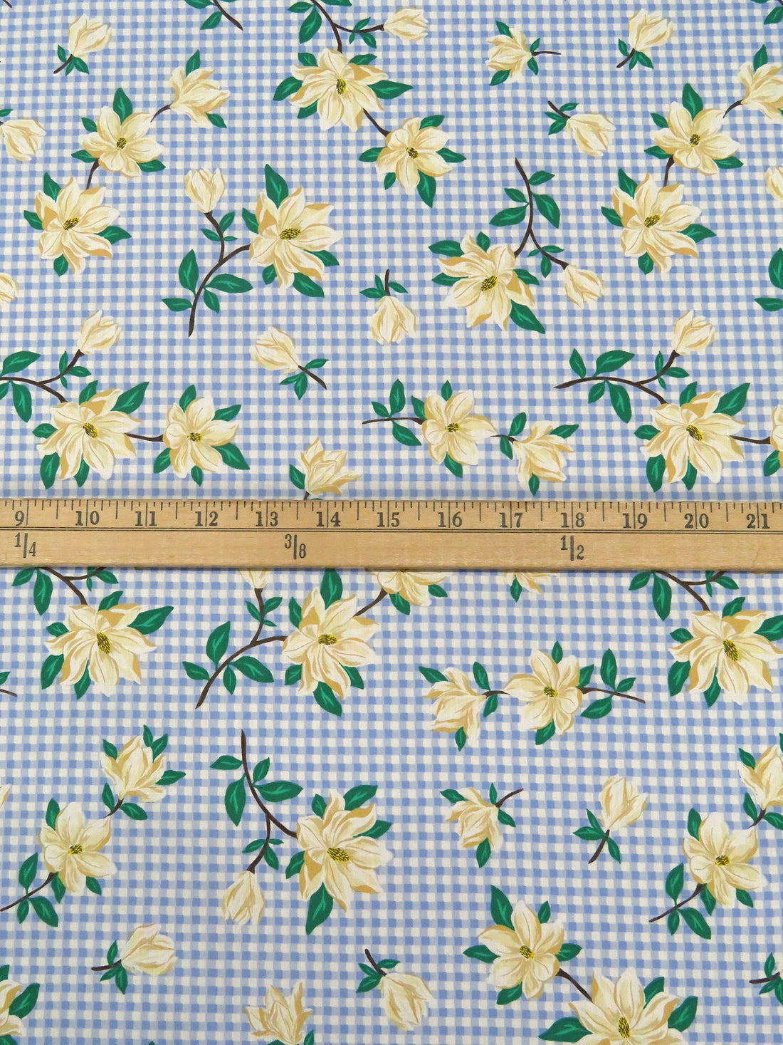 Cornflower Blue/Cream/Castleton Green/Multi 100% Cotton Floral On Gingham-Like Print Lawn - NY Designer - 55W