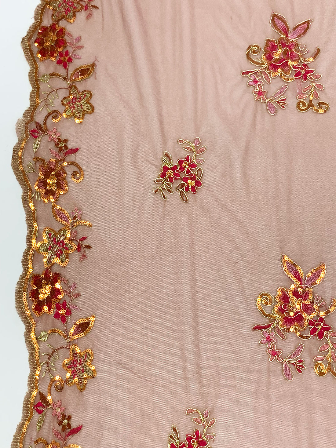 Sienna Brown/Gold/Multi 100% Nylon Scalloped Double Border Embroidered Floral & Sequin Netting 52W