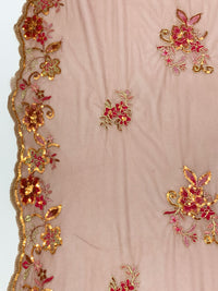 Sienna Brown/Gold/Multi 100% Nylon Scalloped Double Border Embroidered Floral & Sequin Netting 52W