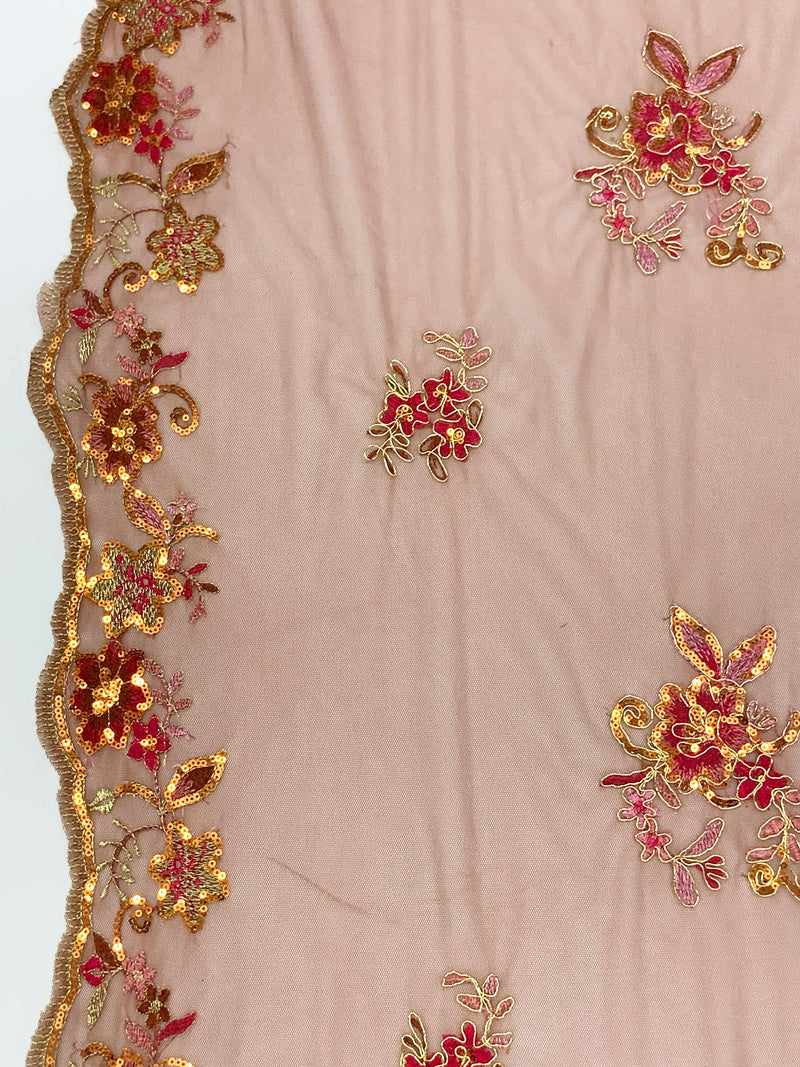 Sienna Brown/Gold/Multi 100% Nylon Scalloped Double Border Embroidered Floral & Sequin Netting 52W