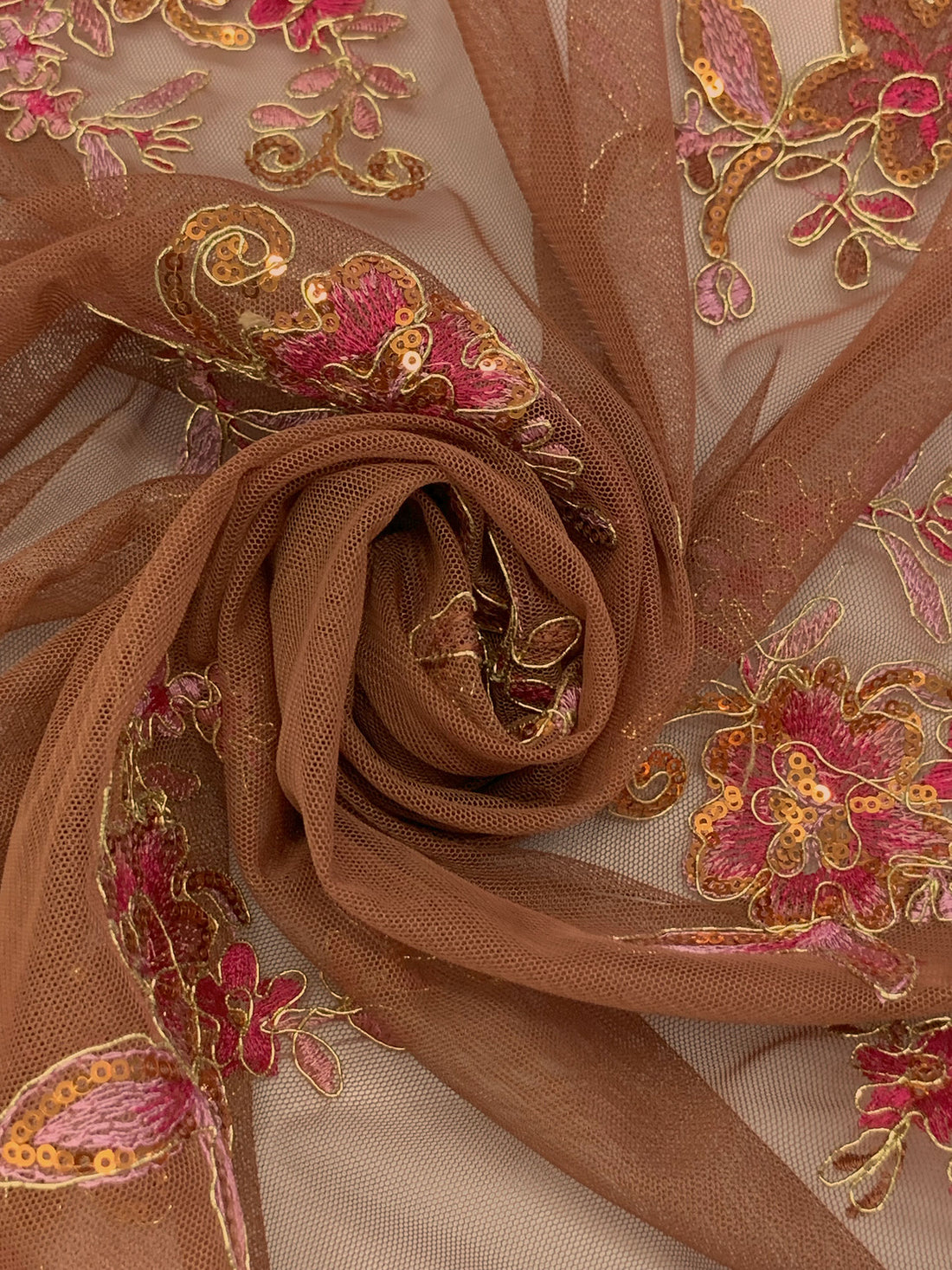 Sienna Brown/Gold/Multi 100% Nylon Scalloped Double Border Embroidered Floral & Sequin Netting 52W