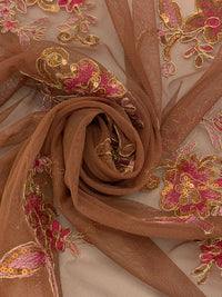 Sienna Brown/Gold/Multi 100% Nylon Scalloped Double Border Embroidered Floral & Sequin Netting 52W