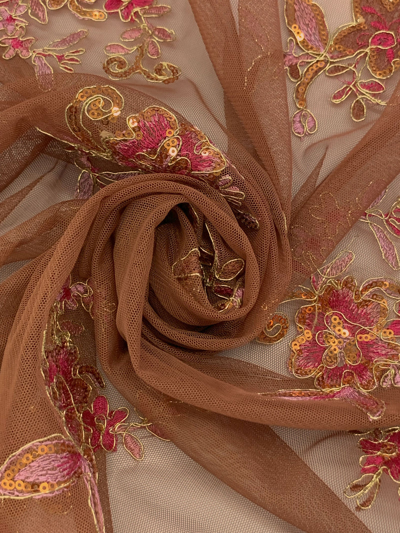 Sienna Brown/Gold/Multi 100% Nylon Scalloped Double Border Embroidered Floral & Sequin Netting 52W
