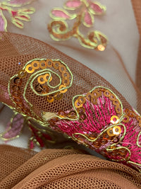 Sienna Brown/Gold/Multi 100% Nylon Scalloped Double Border Embroidered Floral & Sequin Netting 52W