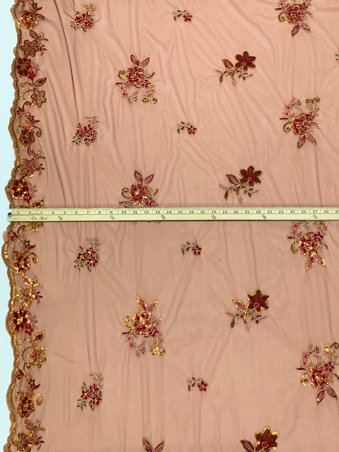 Sienna Brown/Gold/Multi 100% Nylon Scalloped Double Border Embroidered Floral & Sequin Netting 52W