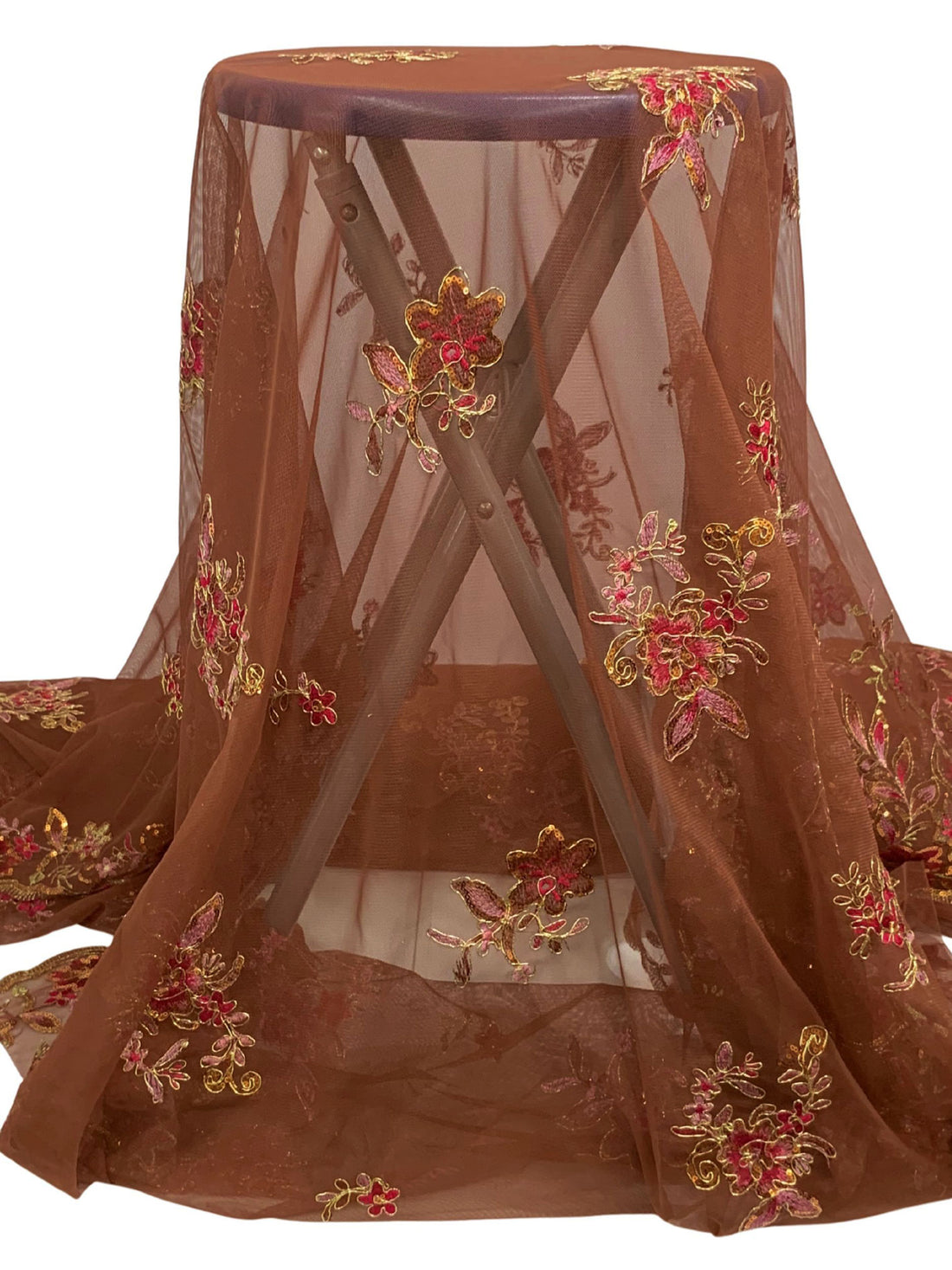 Sienna Brown/Gold/Multi 100% Nylon Scalloped Double Border Embroidered Floral & Sequin Netting 52W