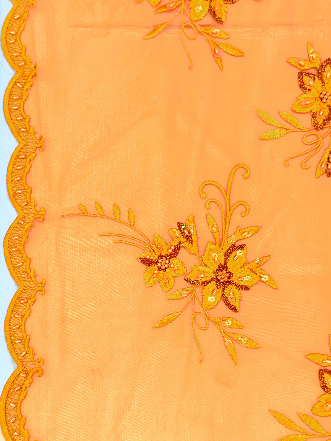 Tangerine/Autumn Red/Multi 100% Polyester Scalloped Double Border Embroidered Floral & Bead Chiffon 49W
