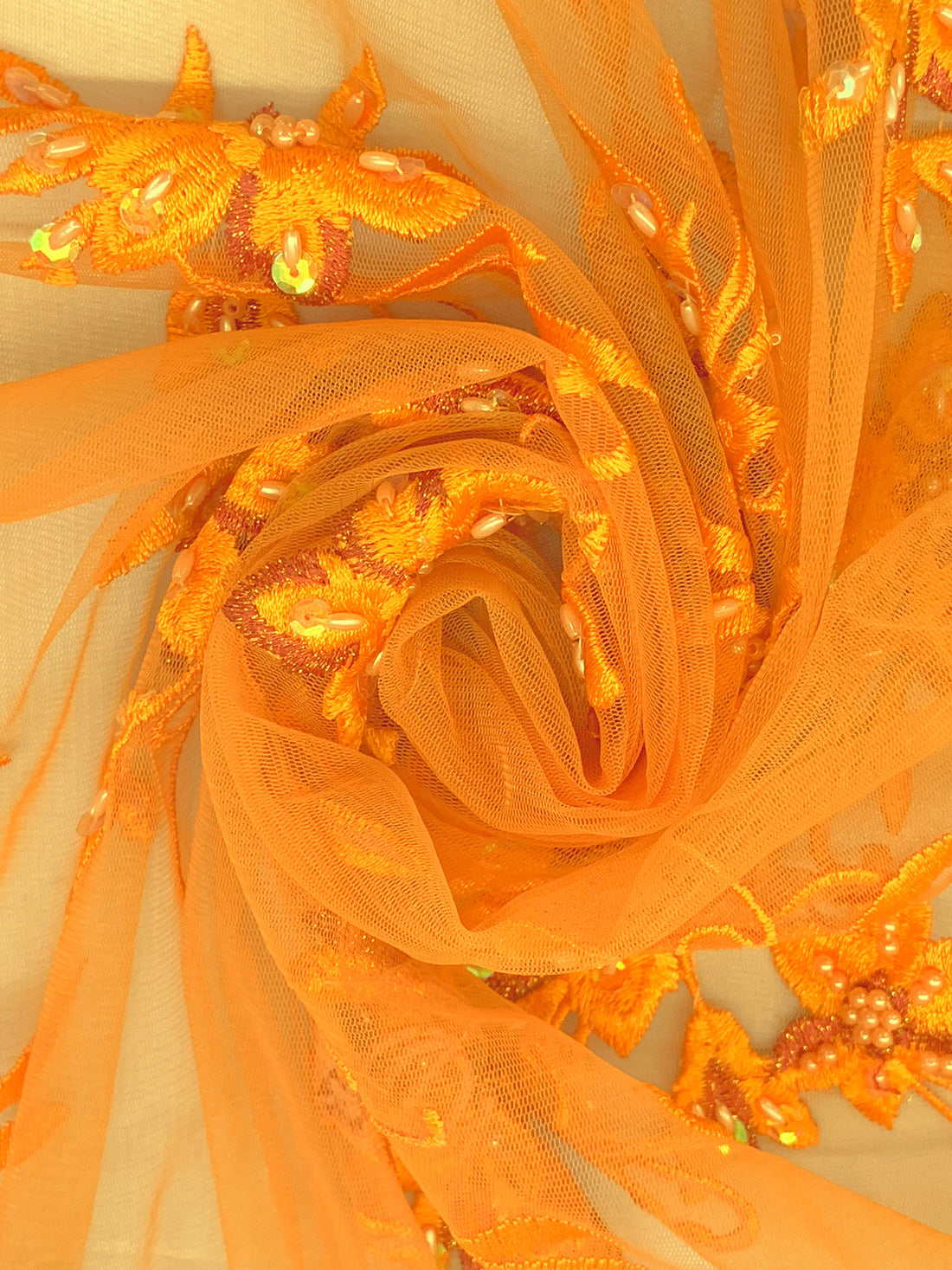 Tangerine/Autumn Red/Multi 100% Polyester Scalloped Double Border Embroidered Floral & Bead Chiffon 49W