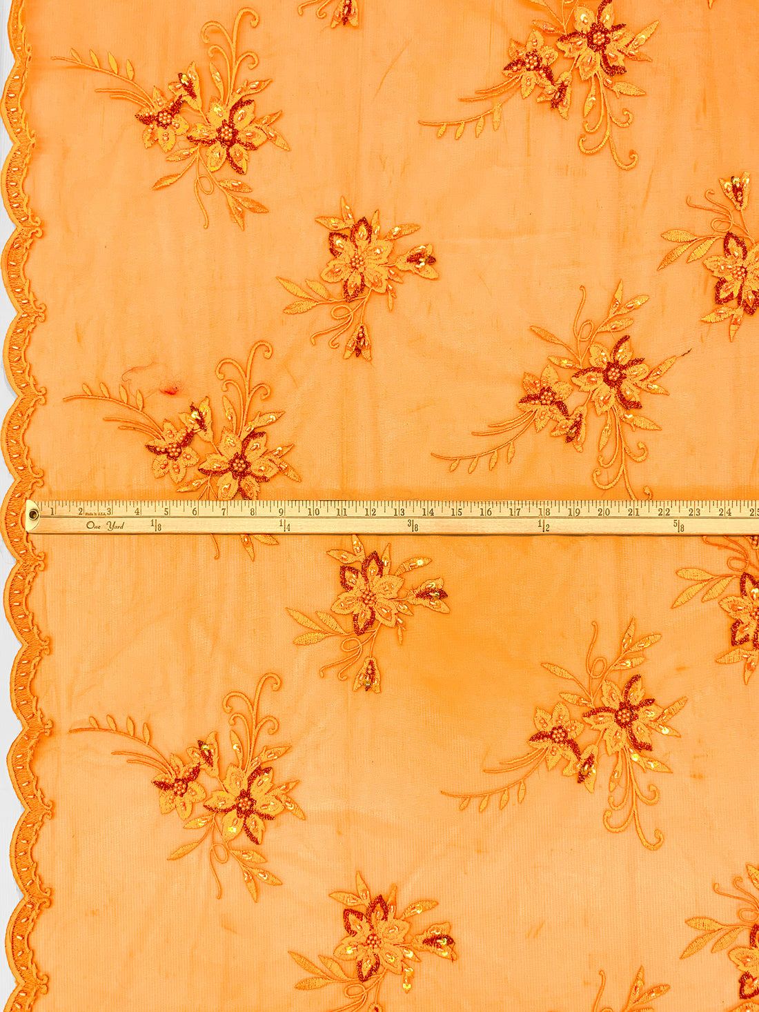 Tangerine/Autumn Red/Multi 100% Polyester Scalloped Double Border Embroidered Floral & Bead Chiffon 49W