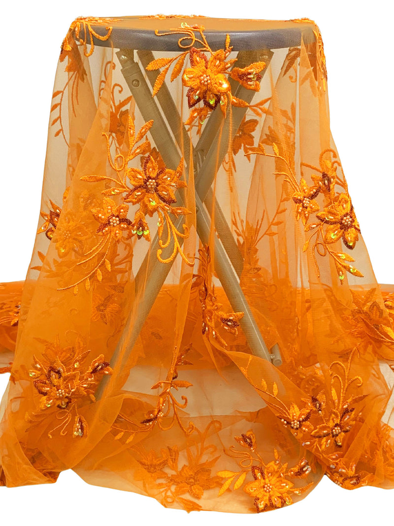 Tangerine/Autumn Red/Multi 100% Polyester Scalloped Double Border Embroidered Floral & Bead Chiffon 49W
