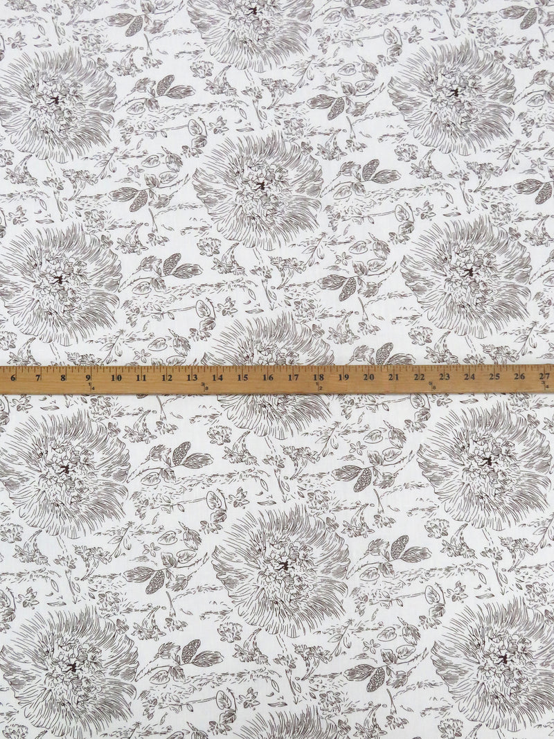 White/Espresso 100% Linen Floral Outline Print Mid-Weight Linen 58W