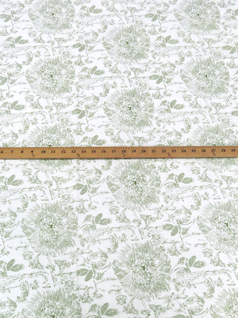 White/Fern Green 100% Linen Floral Outline Print Mid-Weight Linen 58W