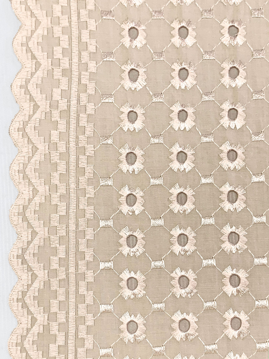 Cream Polyester/Cotton Scalloped Double Border Embroidered Ornate Eyelet Design Lawn 40W