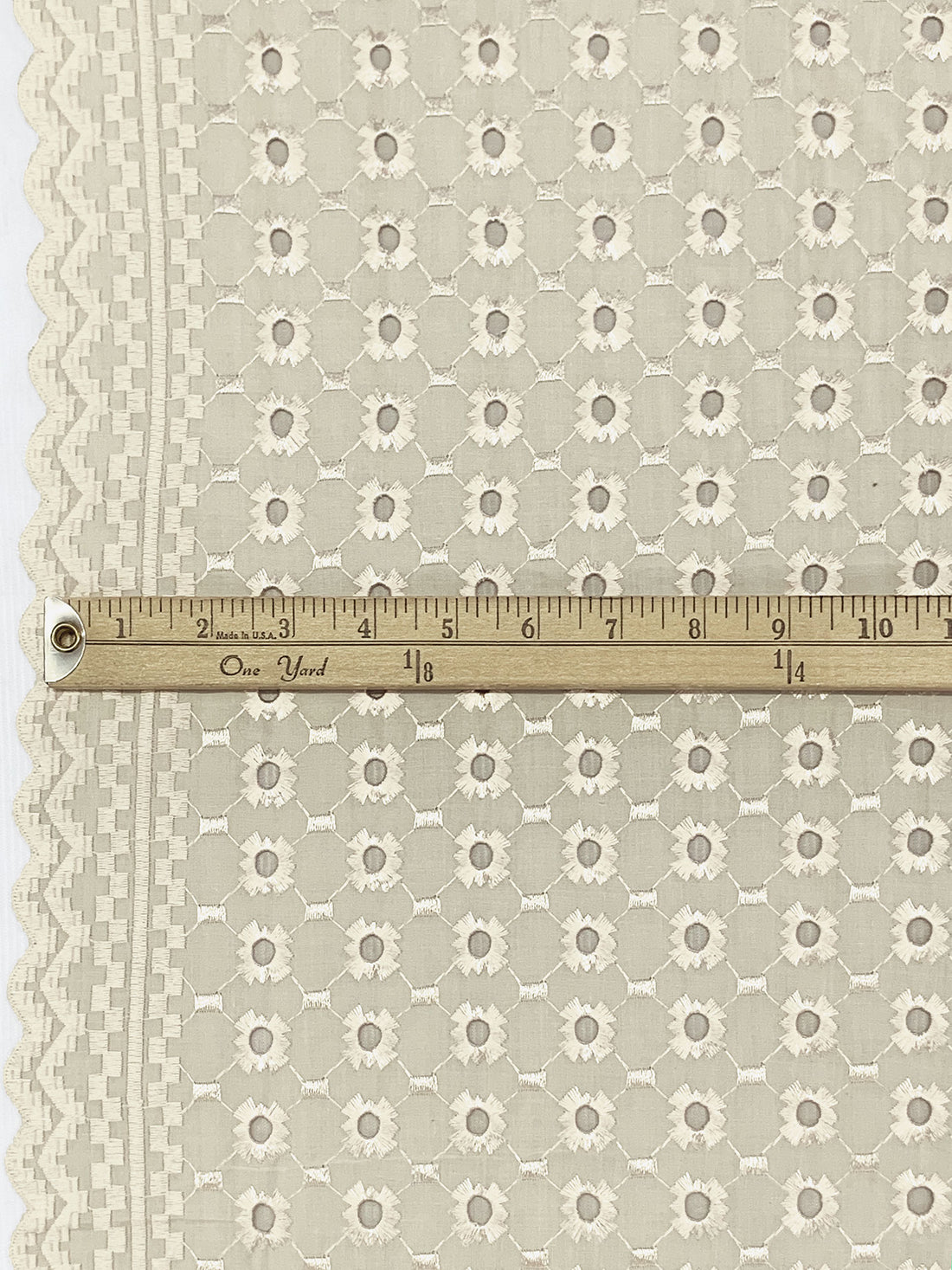 Cream Polyester/Cotton Scalloped Double Border Embroidered Ornate Eyelet Design Lawn 40W