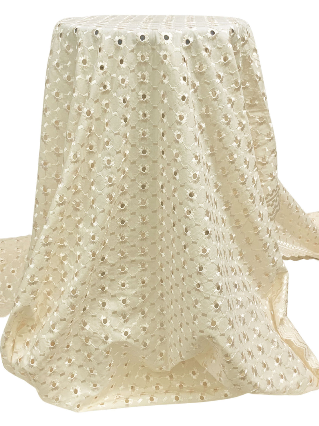 Cream Polyester/Cotton Scalloped Double Border Embroidered Ornate Eyelet Design Lawn 40W